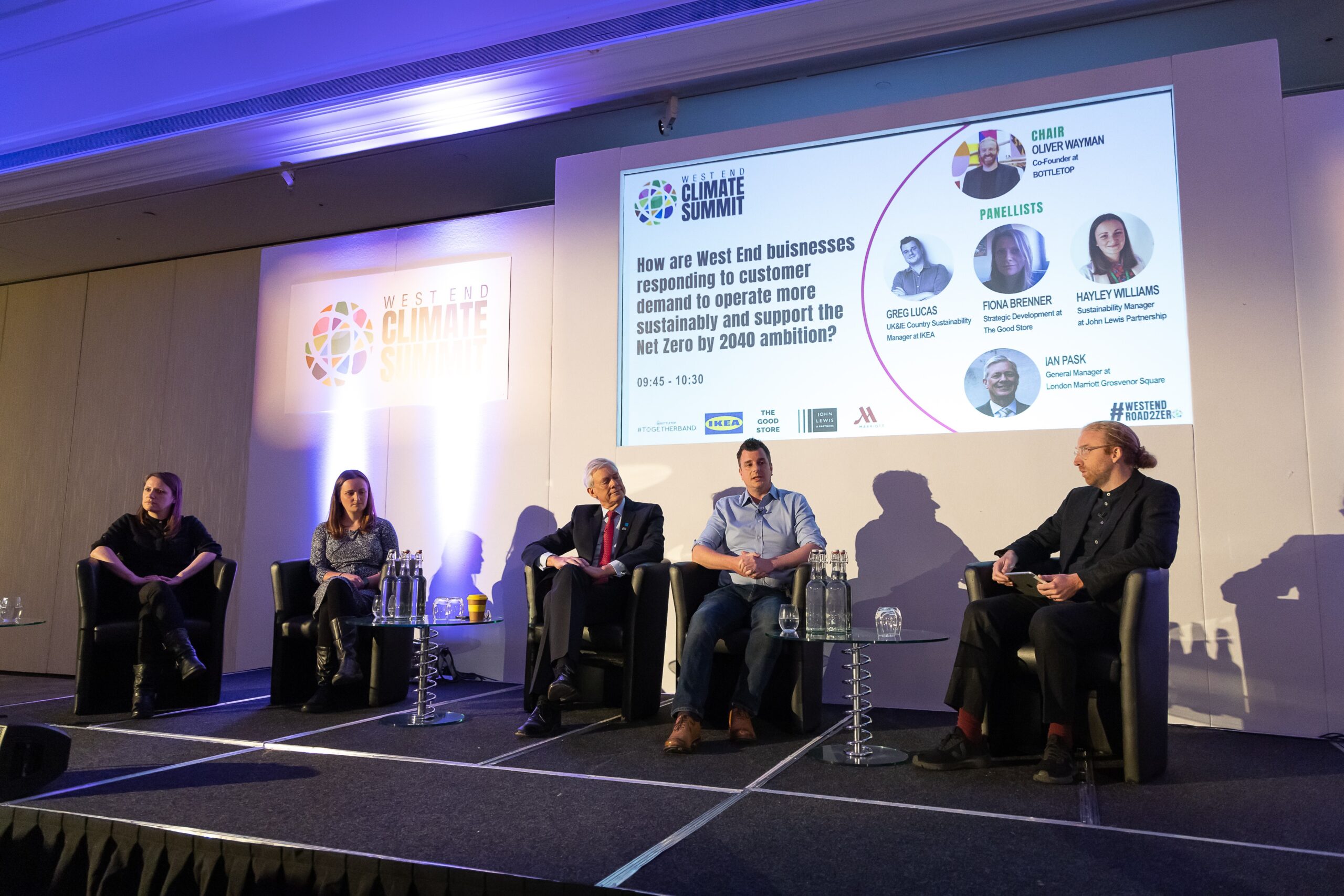 Oliver Wayman, Co-Founder, BOTTLETOP, Greg Lucas, UK&IE Country Sustainability Manager, IKEA, Fiona Brenner, Strategic Development, The Good Store, Ian Pask, General Manager, London Marriott Grosvenor Square, Hayley Williams, Sustainability Manager, Built Environment, John Lewis Partnership